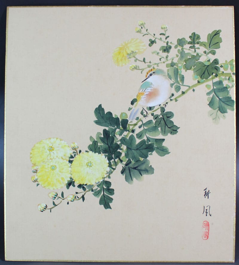 菊花小禽（色紙）