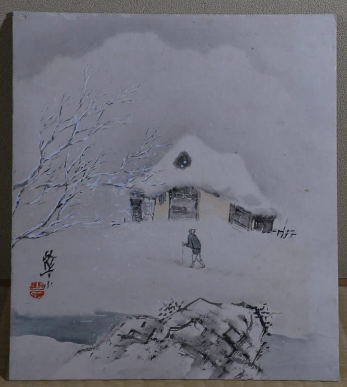 雪中山家（色紙）