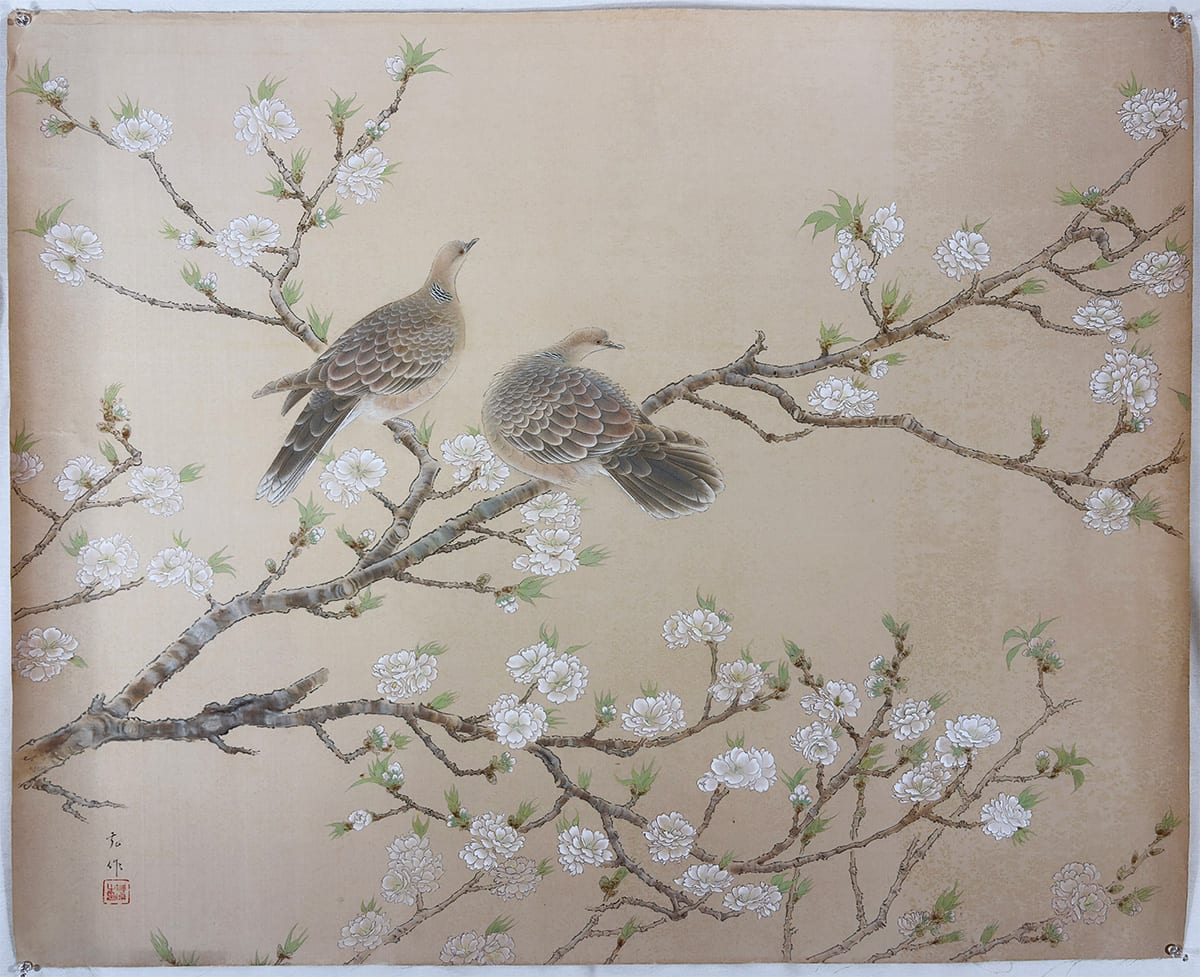 桃花双鳩｜まくり・未表装・大幅