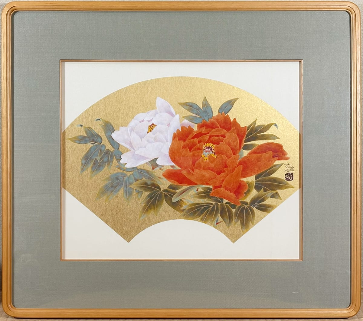 紅白牡丹｜額（扇面）