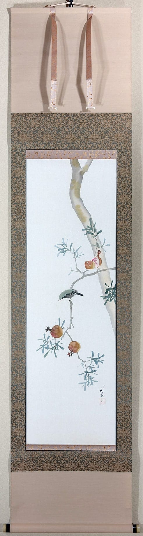 尾竹 竹坡 【石榴小禽【新調表装済】】 掛軸 - Odake Chikuha, Japanese hanging scroll (kakejiku)