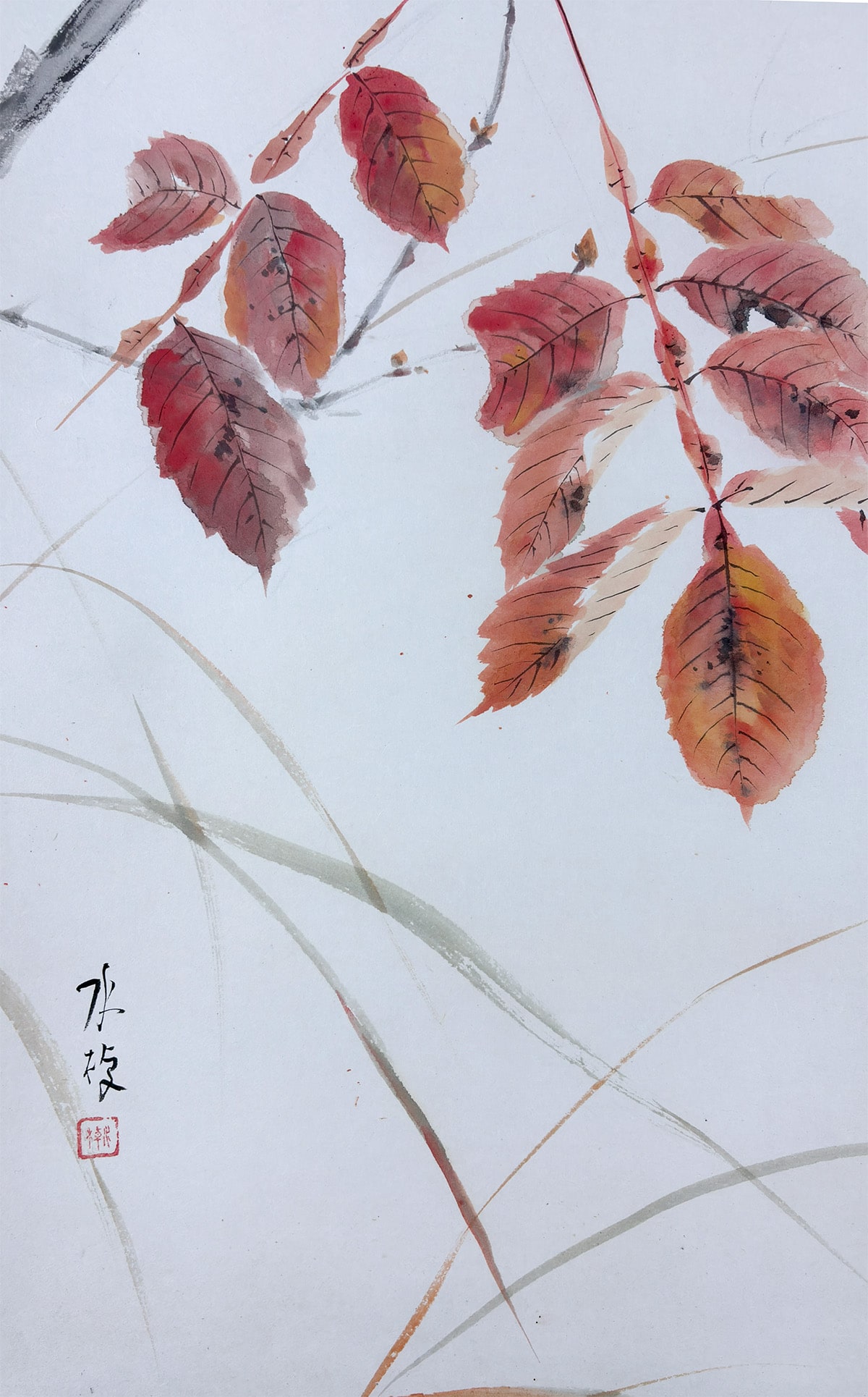川船 水棹 【秋色小禽【新調表装済】】 掛軸 詳細写真