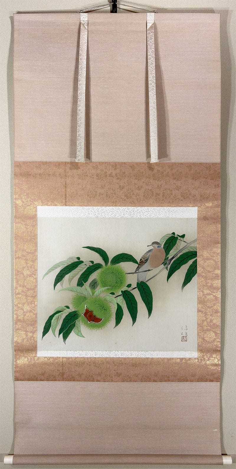 信雄 【栗に鳩】 掛軸 - Japanese hanging scroll (kakejiku)