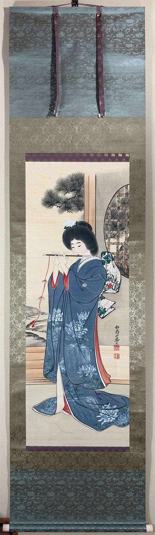 狗巻 松寿 【雅楽（美人画）】 掛軸 - Japanese hanging scroll (kakejiku)