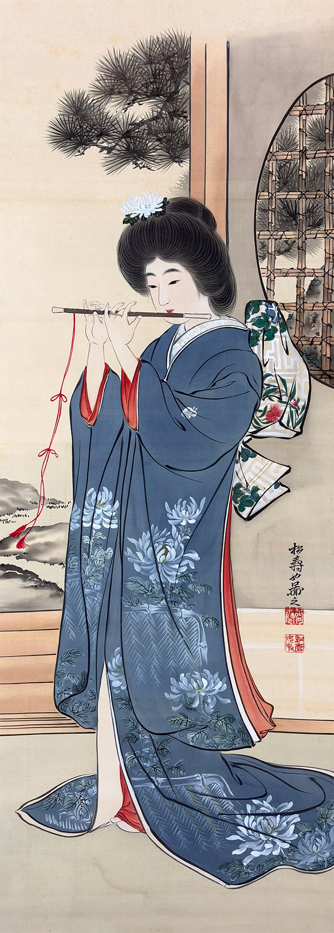 狗巻 松寿 【雅楽（美人画）】 掛軸 詳細写真