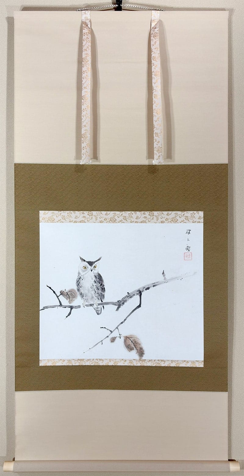 野々内 保太郎 【枯葉に梟】 掛軸 - Nonouchi Yasutarou, Japanese hanging scroll (kakejiku)