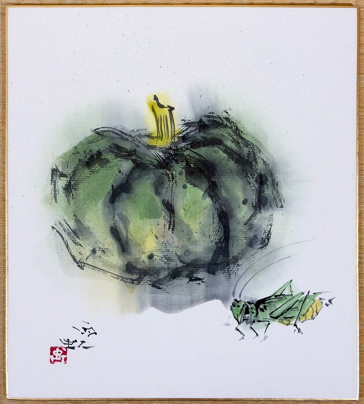 小川 雨虹 【南瓜とキリギリス｜色紙】 色紙・短冊 - Ogawa Ukou, Japanese shikishi and tanzaku board painting