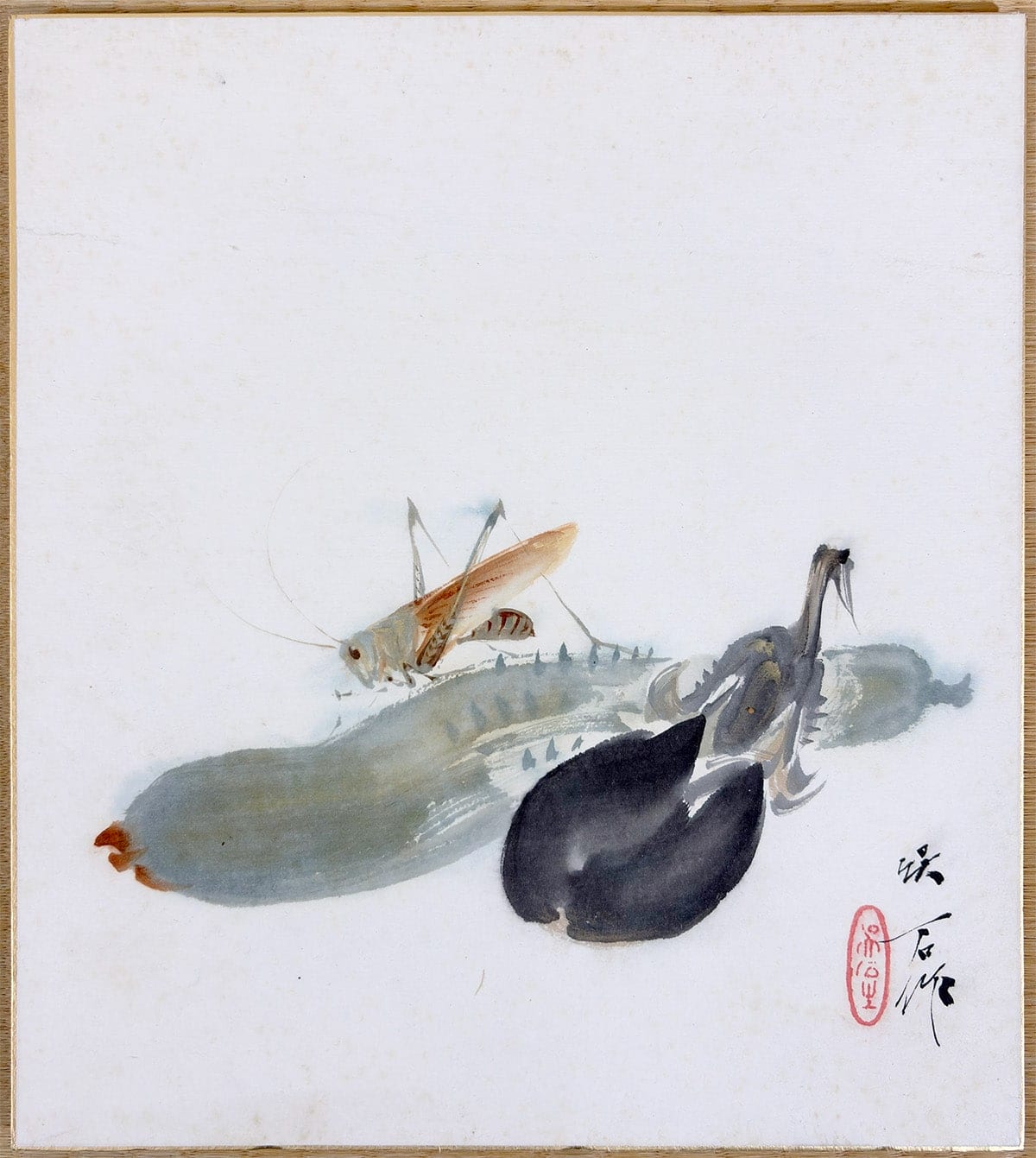 三尾 呉石 【夏野菜にキリギリス｜色紙】 色紙・短冊 - Mio Goseki, Japanese shikishi and tanzaku board painting
