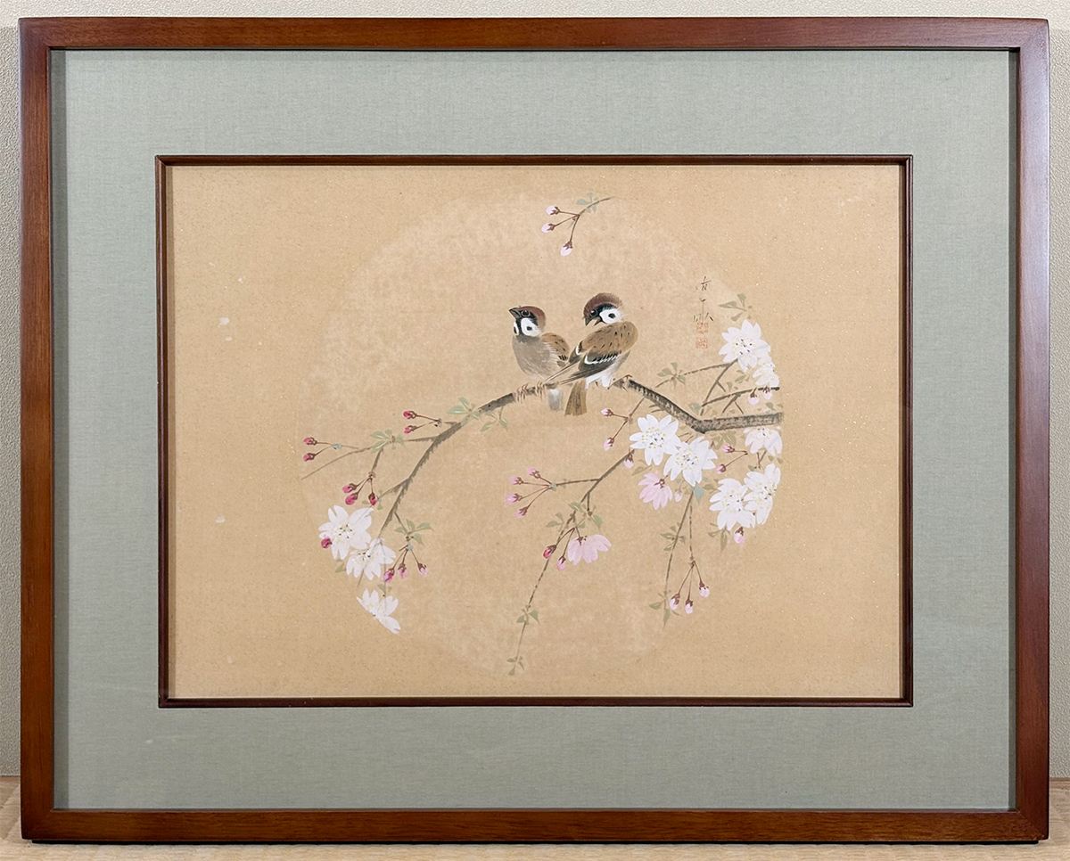 新村 友畝 【桜花小禽｜額（P8号）】 絵画・額装 - Niimura Yuuho, Japanese framed painting